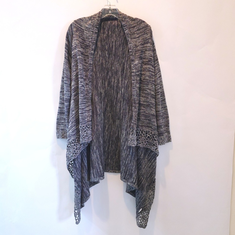 Christine Gerard Space Dye Open Front Cardigan Navy Blue Crochet Trim Medium